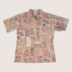 Go Barefoot Reverse Print Hawaiian Shirt Mens Large Rust Tiki Tapa Made in USA